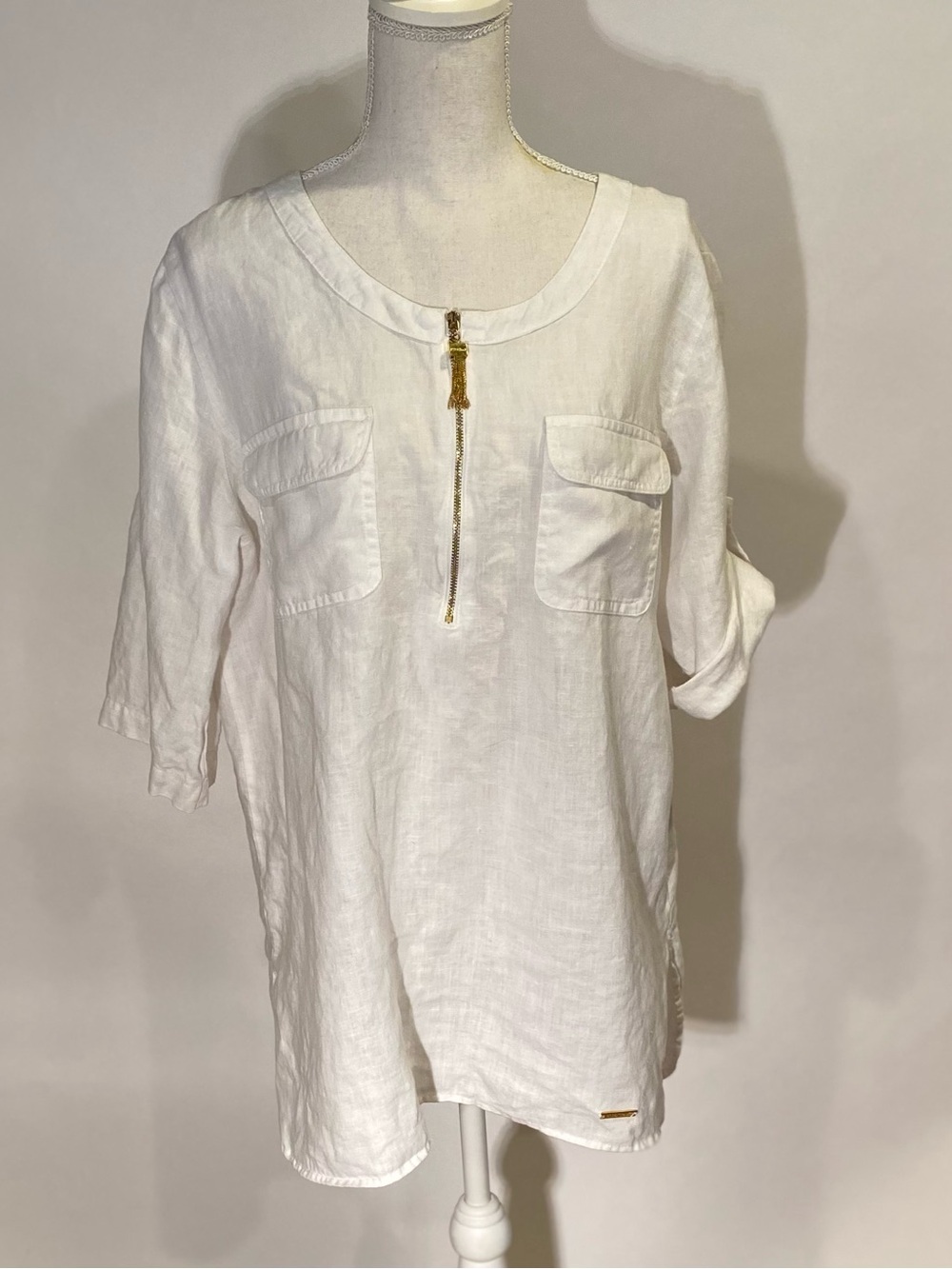 Ellen Tracy White Linen Zip-Front Tunic Top
